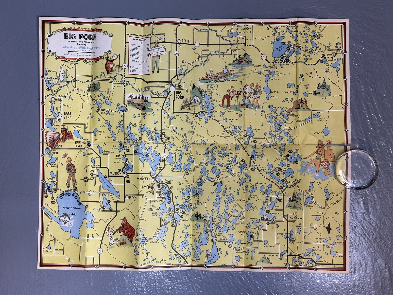 1952 BIG FORK Itasca County MINNESOTA Brochure PICTORIAL MAP Vintage FISHING