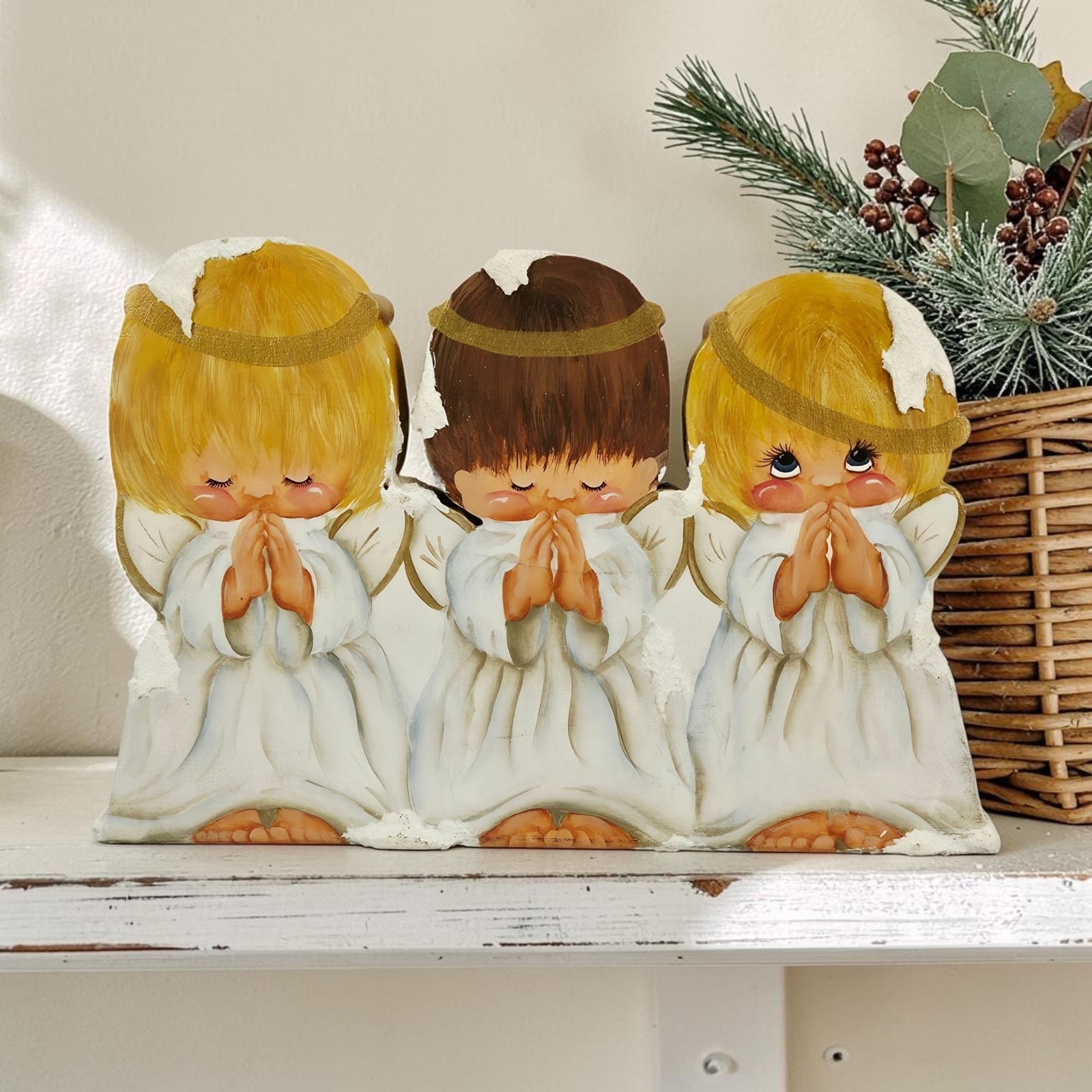 VTG Hand Painted Little Girl Bashful Snowy Angel Wood Cutout Standing Figure 11\