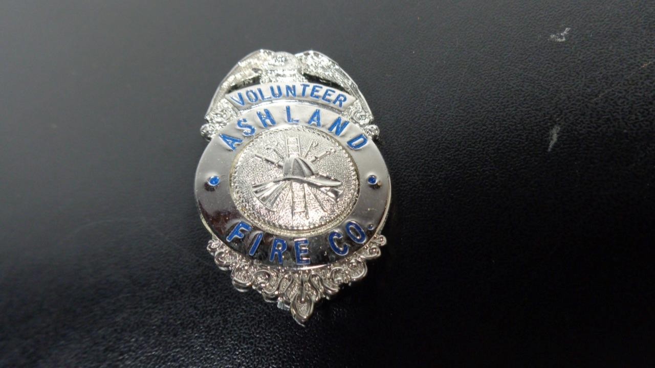 OBSOLETE VINTAGE PIN BACK VOLUNTEER ASHLAND FIRE CO SMALL POSSIBLY WALLET BADGE