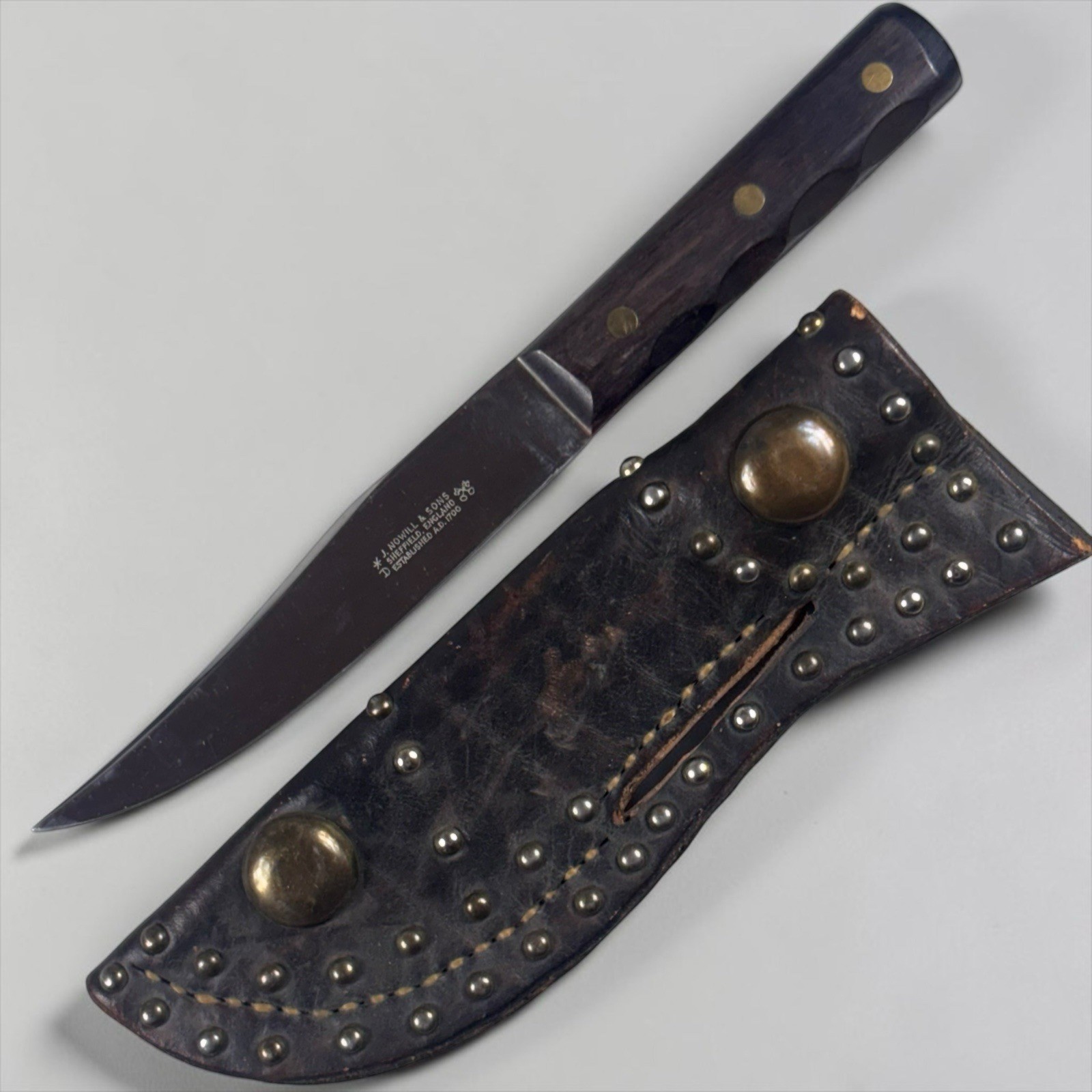 Vintage Nowill Sons Sheffield Frontier Hunting Skinning Knife Stud Tack Sheath