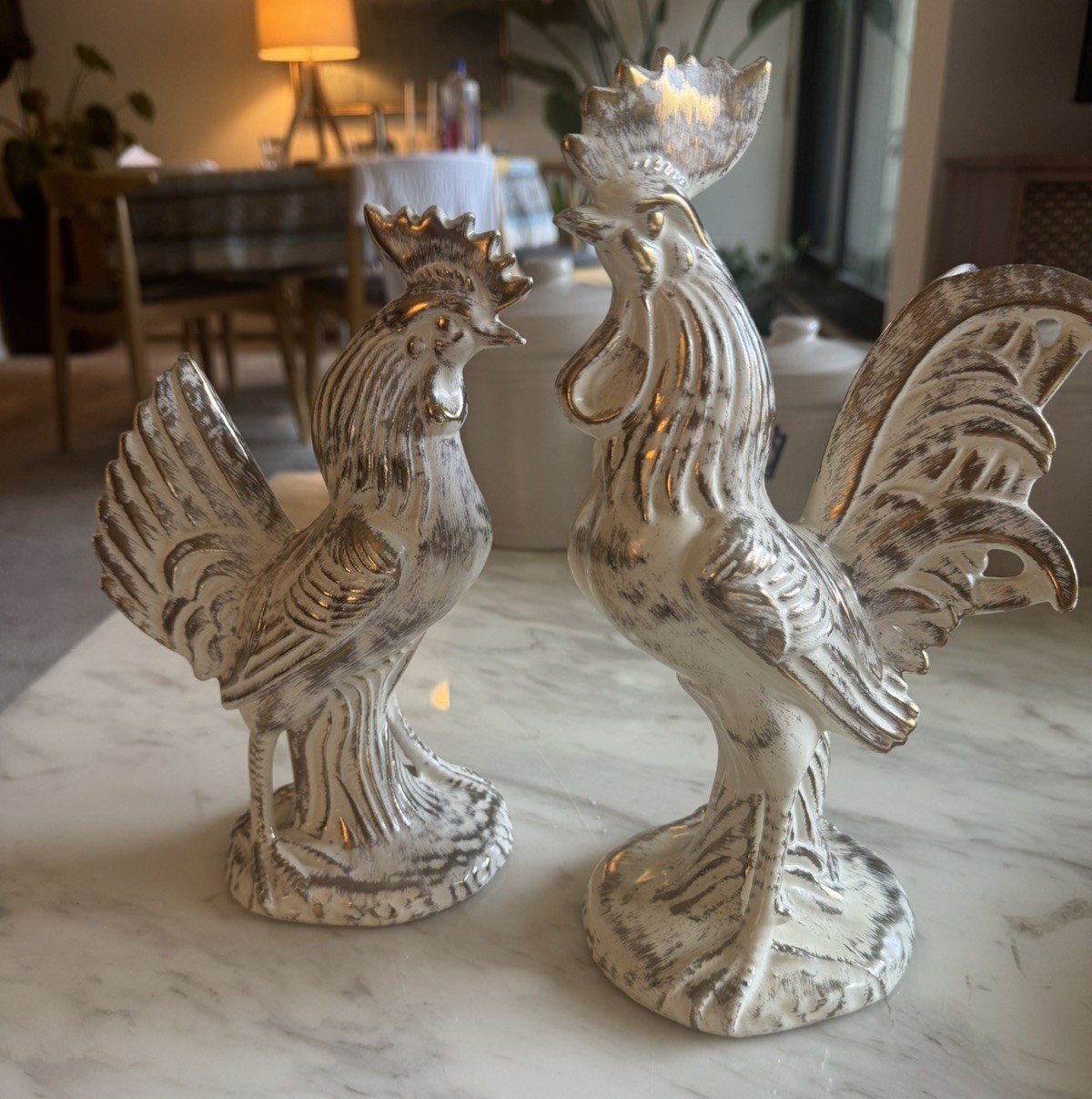 Vtg Maddux of California Rooster Figurines Pair Rare Gold Brushed Cream MCM