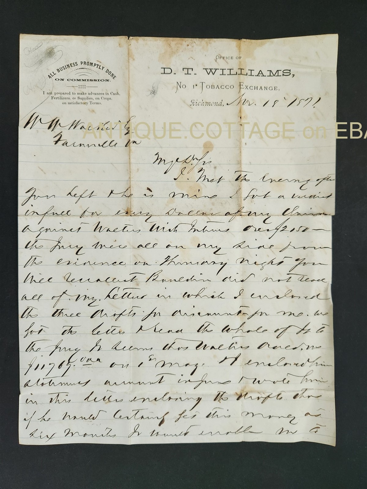 1871 antique ALS LETTER LETTERHEAD richmond va DT WILLIAMS TOBACCO EXCHANGE