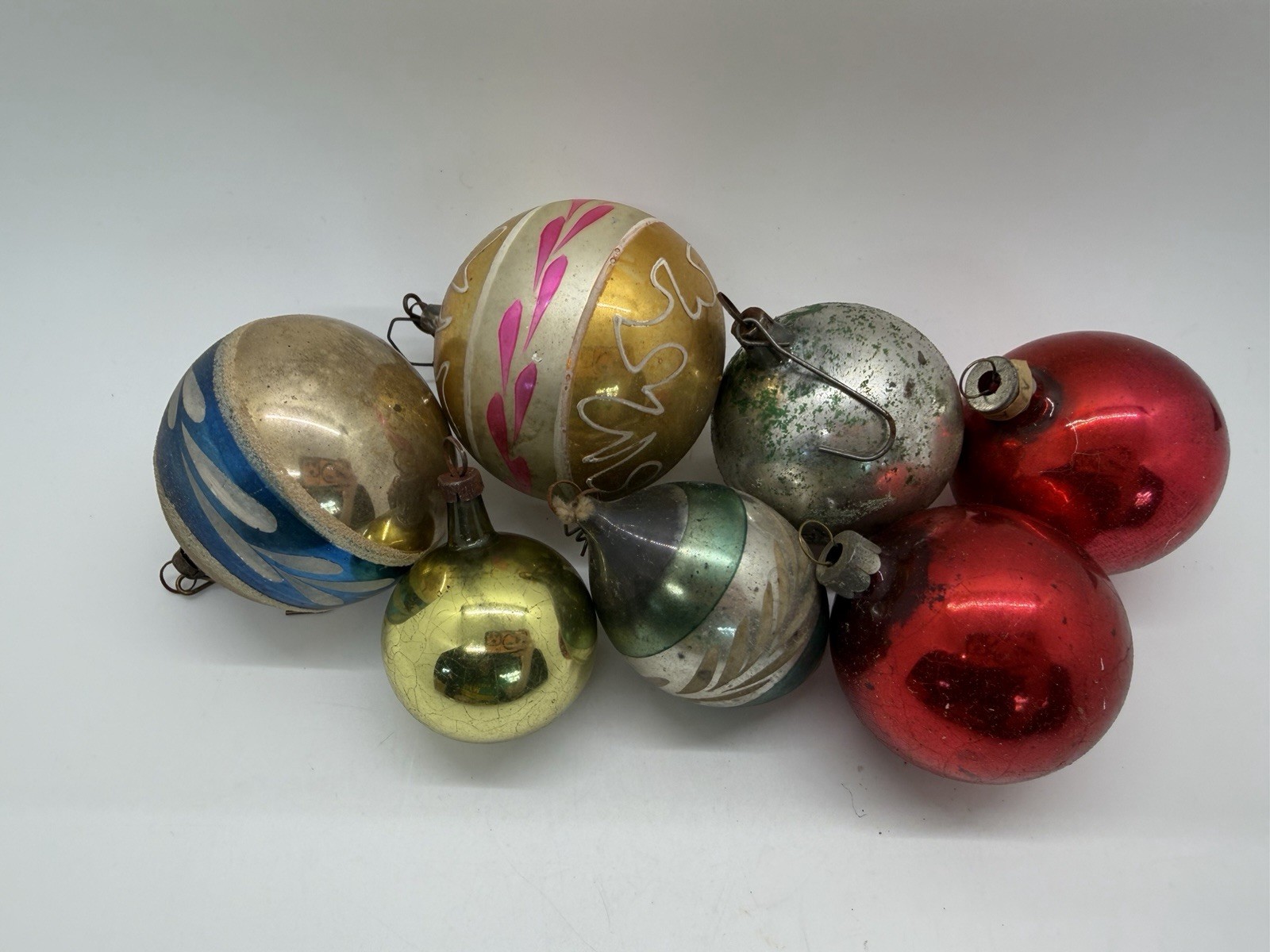 Lot of 7 Vintage Mercury Glass Christmas Ornaments Mixed Lot Some Details/Solids