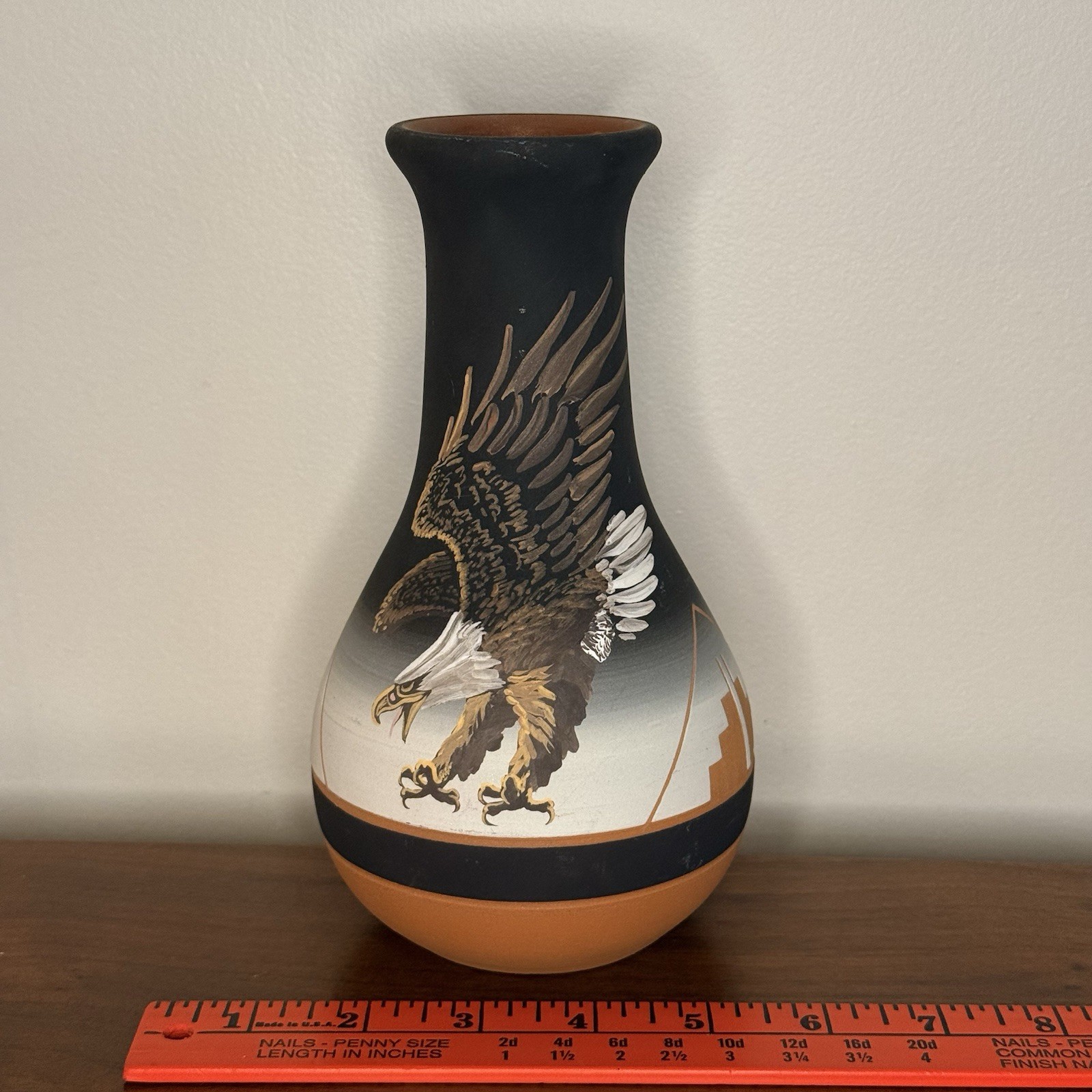 Sioux Native American Pottery Vase Signed Western Eagle Theme Clay 8 Inch Tall