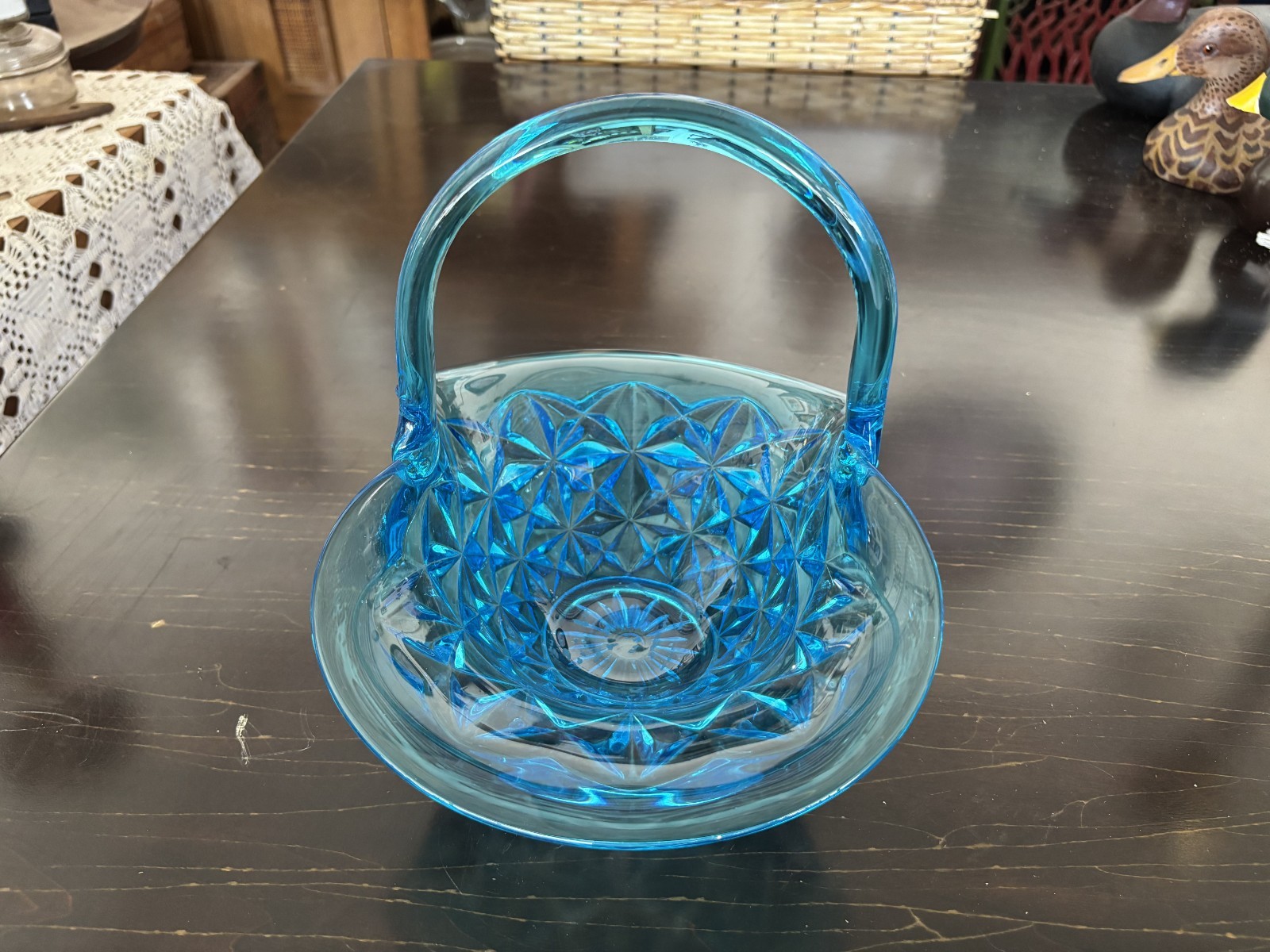 Vintage Blue Glass Basket Daisy Button Pattern Scalloped Rim Decorative Bowl Vintage Blue Glass Basket Daisy Button Pattern Scalloped Rim Decorative Bowl