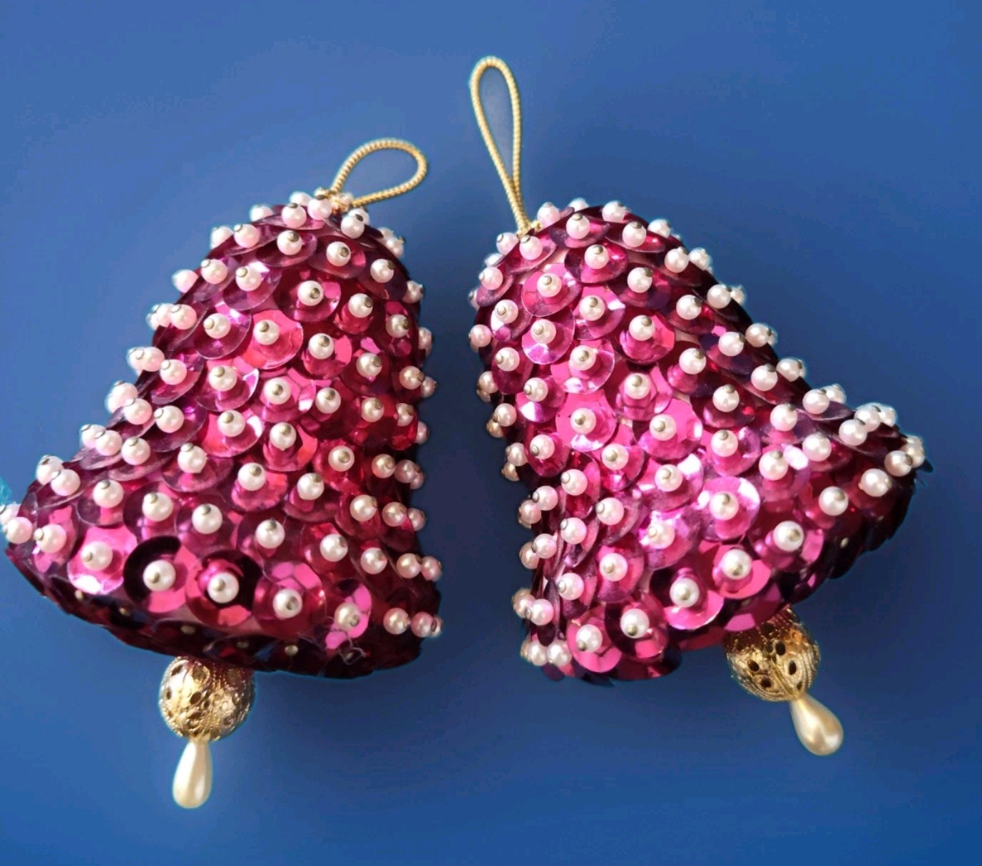 Vtg Lot (2) MCM Hand Made Beaded Sequin Pink Push Pin Christmas Ornaments