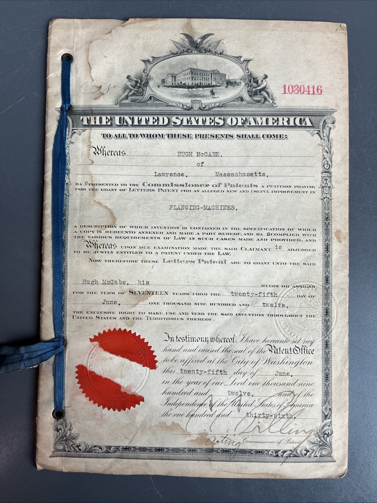 Original 1912 Patent Petition “Flanging-Machines” by Hugh McCabe Lawerence, MA