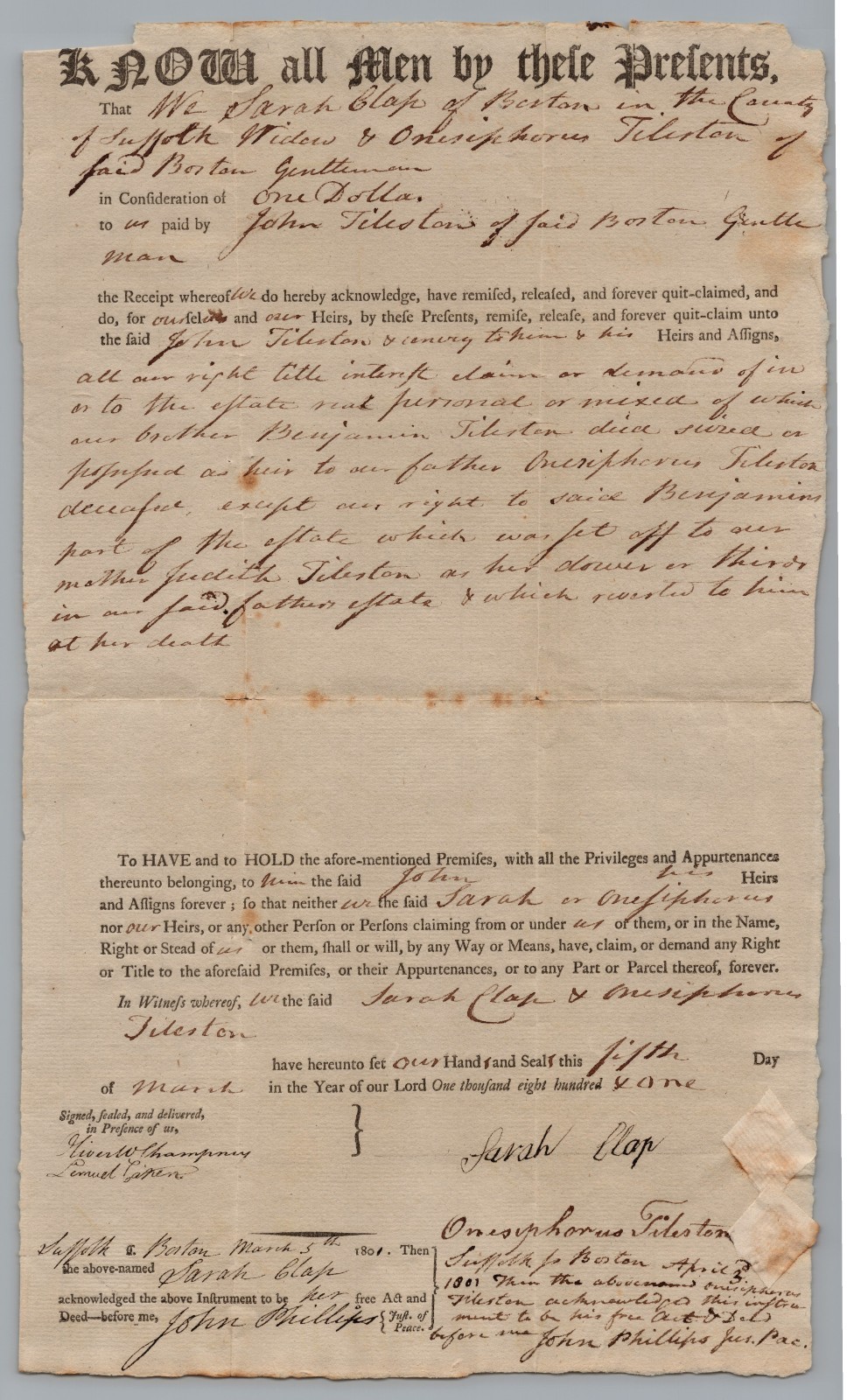 1801 Boston Quitclaim Deed Tileston Clap Family Estate Signed Document Suffolk 1801 Boston Quitclaim Deed Tileston Clap Family Estate Signed Document Suffolk
