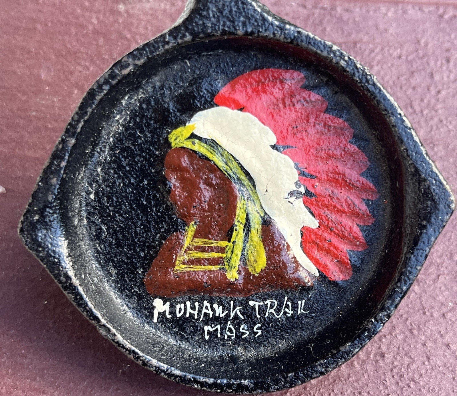 Vintage Mohawk Trail MA Cast Iron Miniature Skillet Pan Native American Chief