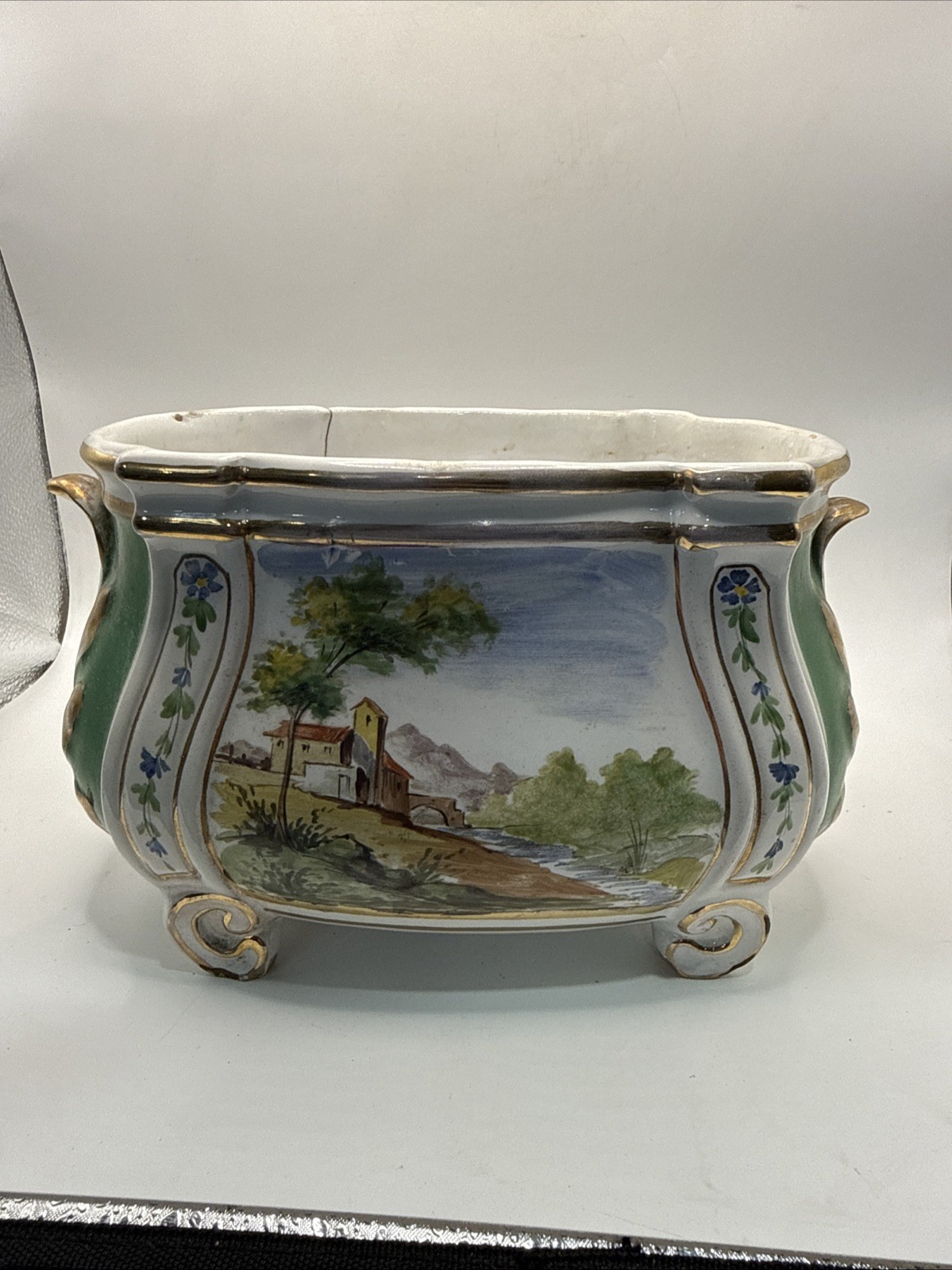 Vintage Italy Hand Painted Ceramic Footed Cachepot Planter Landscape Scene *