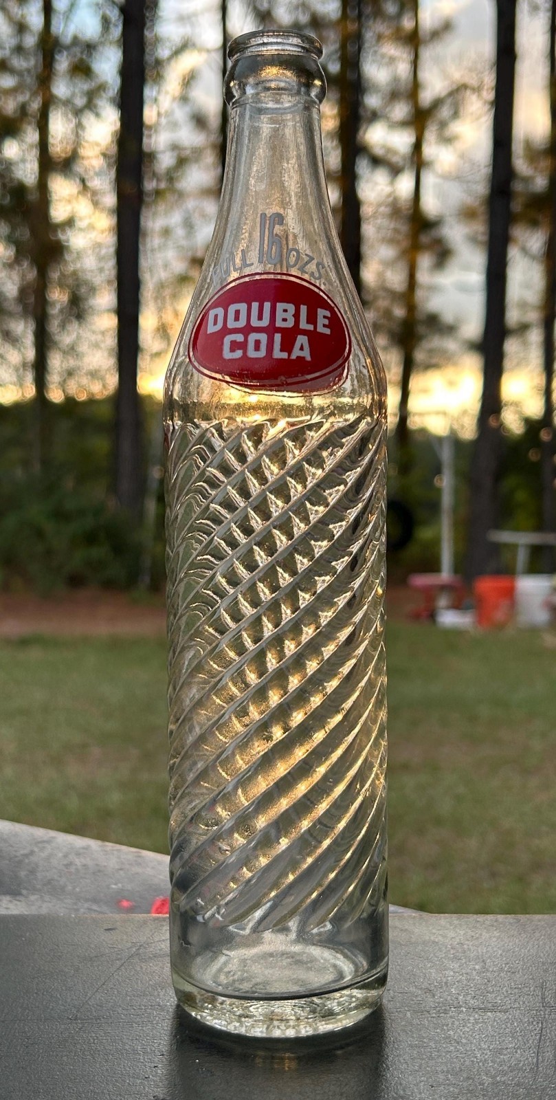 Vintage Double Cola ACL Soda Bottle 16 oz Diamond Swirl Glass Red White Label
