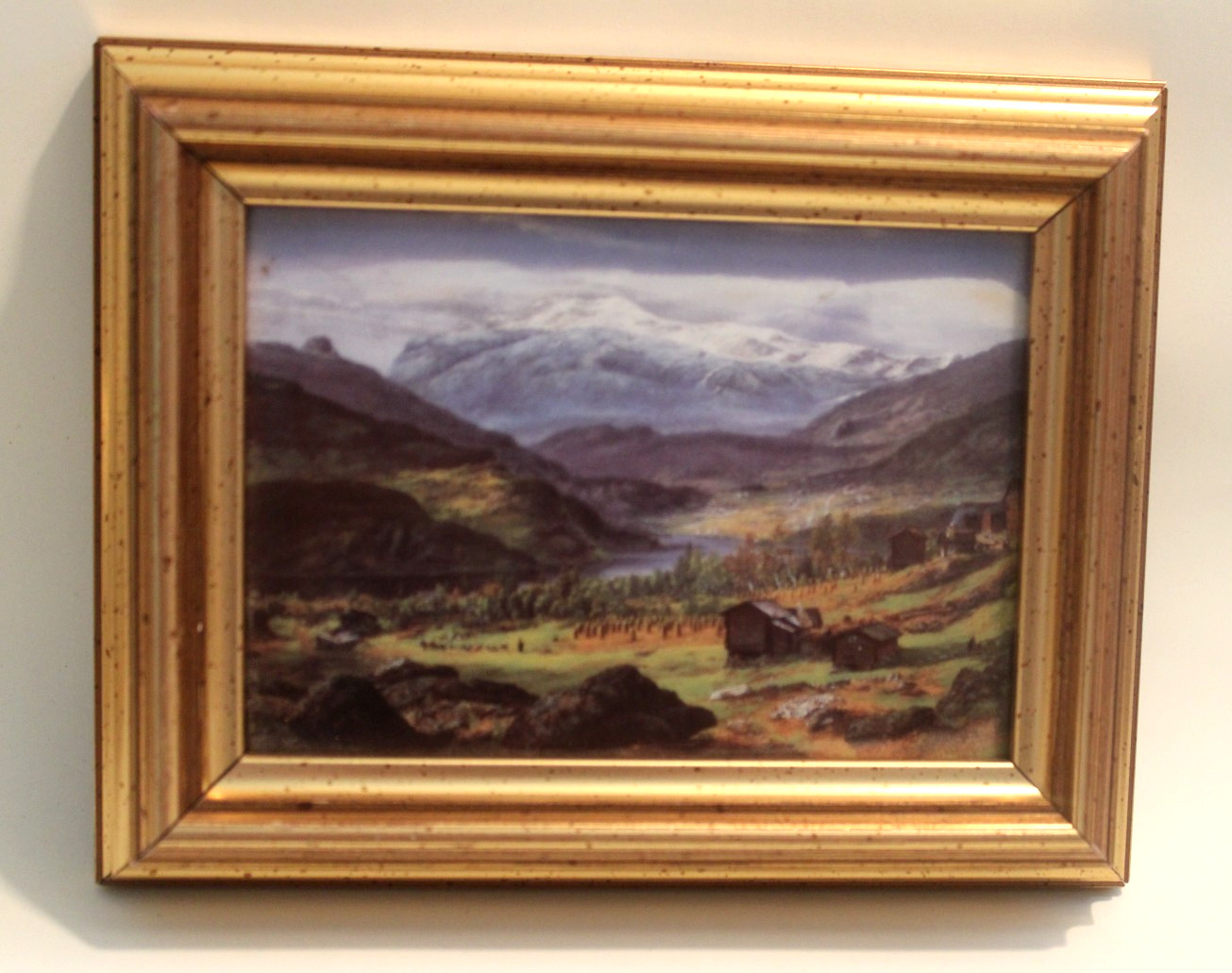 Porsgrund Norway Hand Painted Ceramic Tile Dahl Landscape Framed Gold 5.75\ Porsgrund Norway Hand Painted Ceramic Tile Dahl Landscape Framed Gold 5.75\