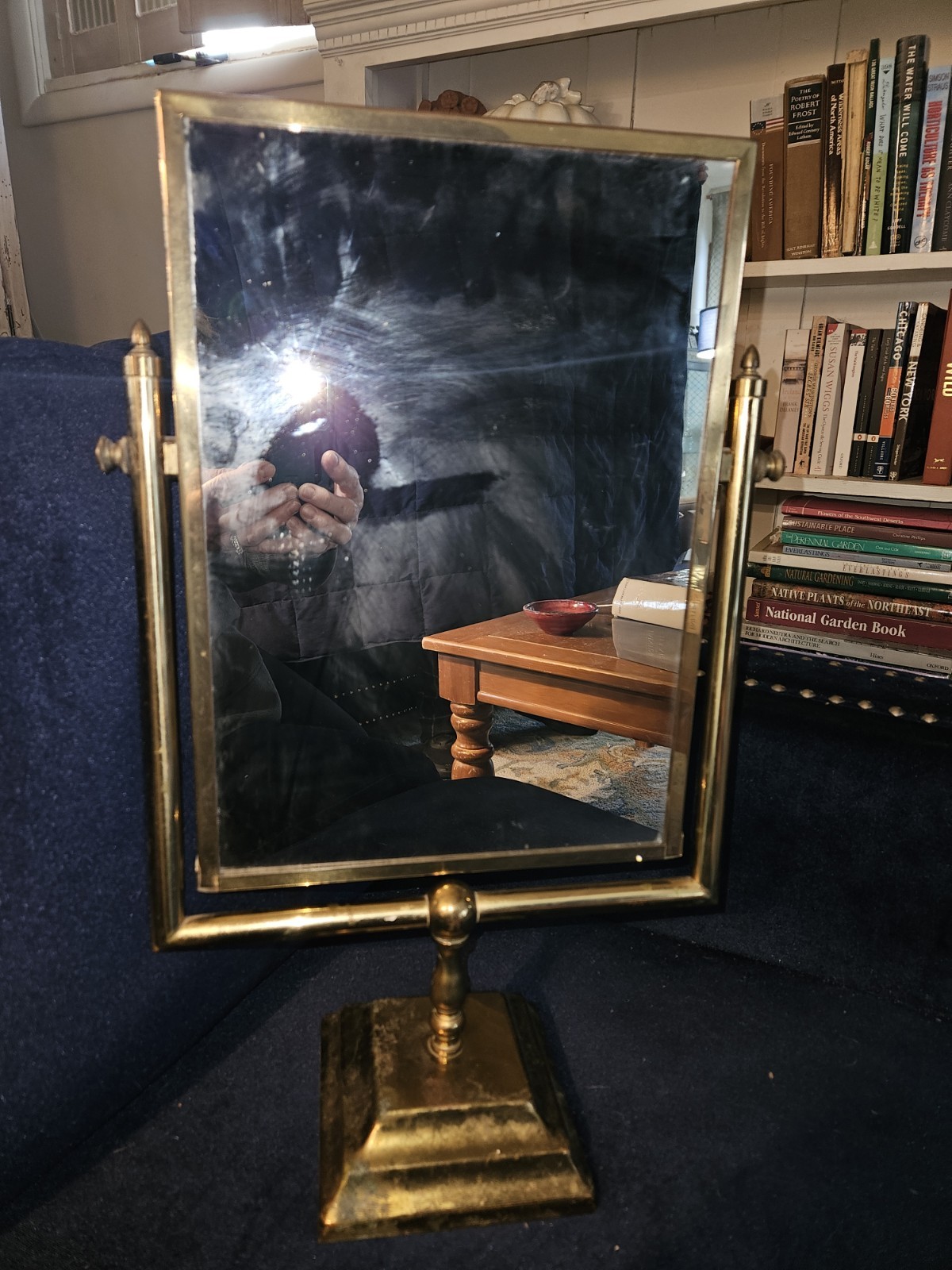 Vintage Large Brass Tabletop Shaving Makeup Vanity Tilting Mirror 20\