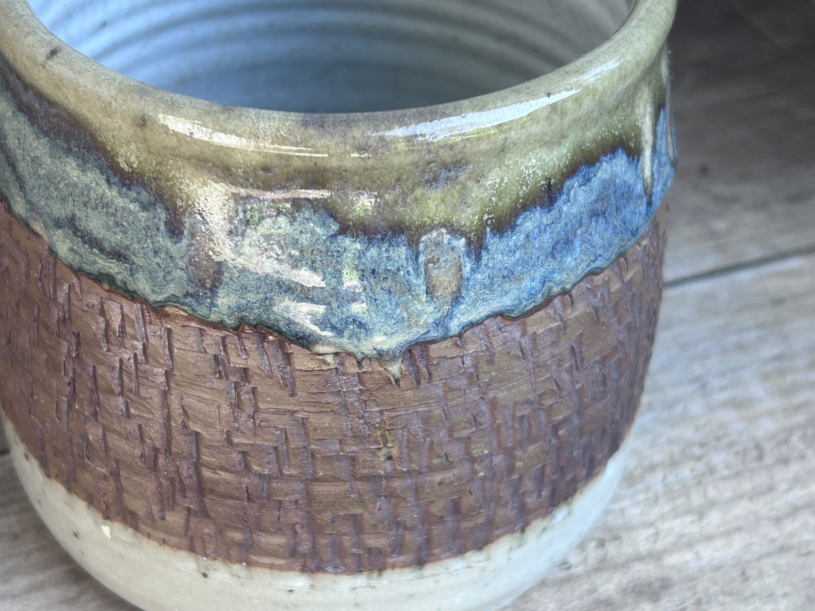 Vtg Clay Blue Sienna Stoneware Art Pottery Crock Signed 4” Diam One Of A Kind