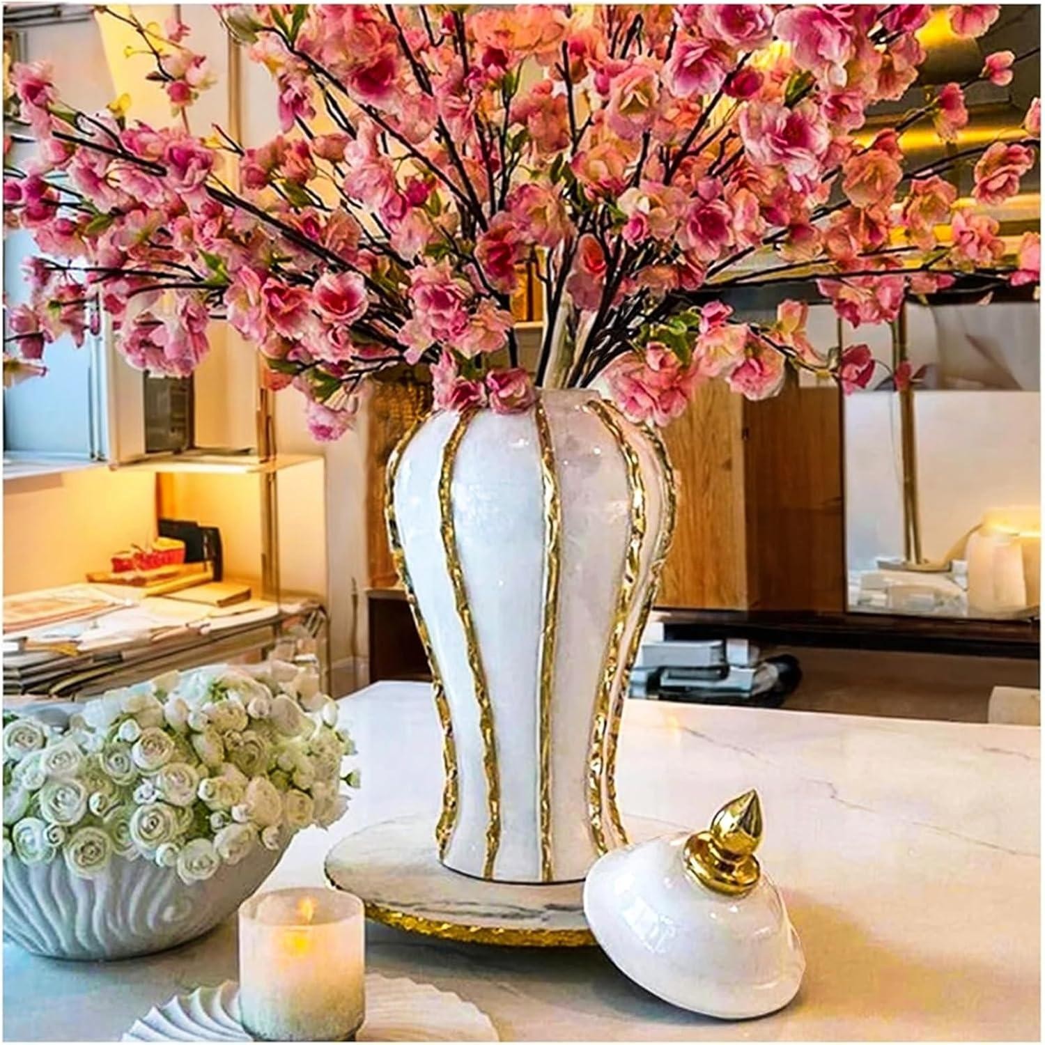 Ginger Jar, White Gold Ceramic Vase Large Handmade Porcelain Vases with Lid, Whi Ginger Jar, White Gold Ceramic Vase Large Handmade Porcelain Vases with Lid, Whi