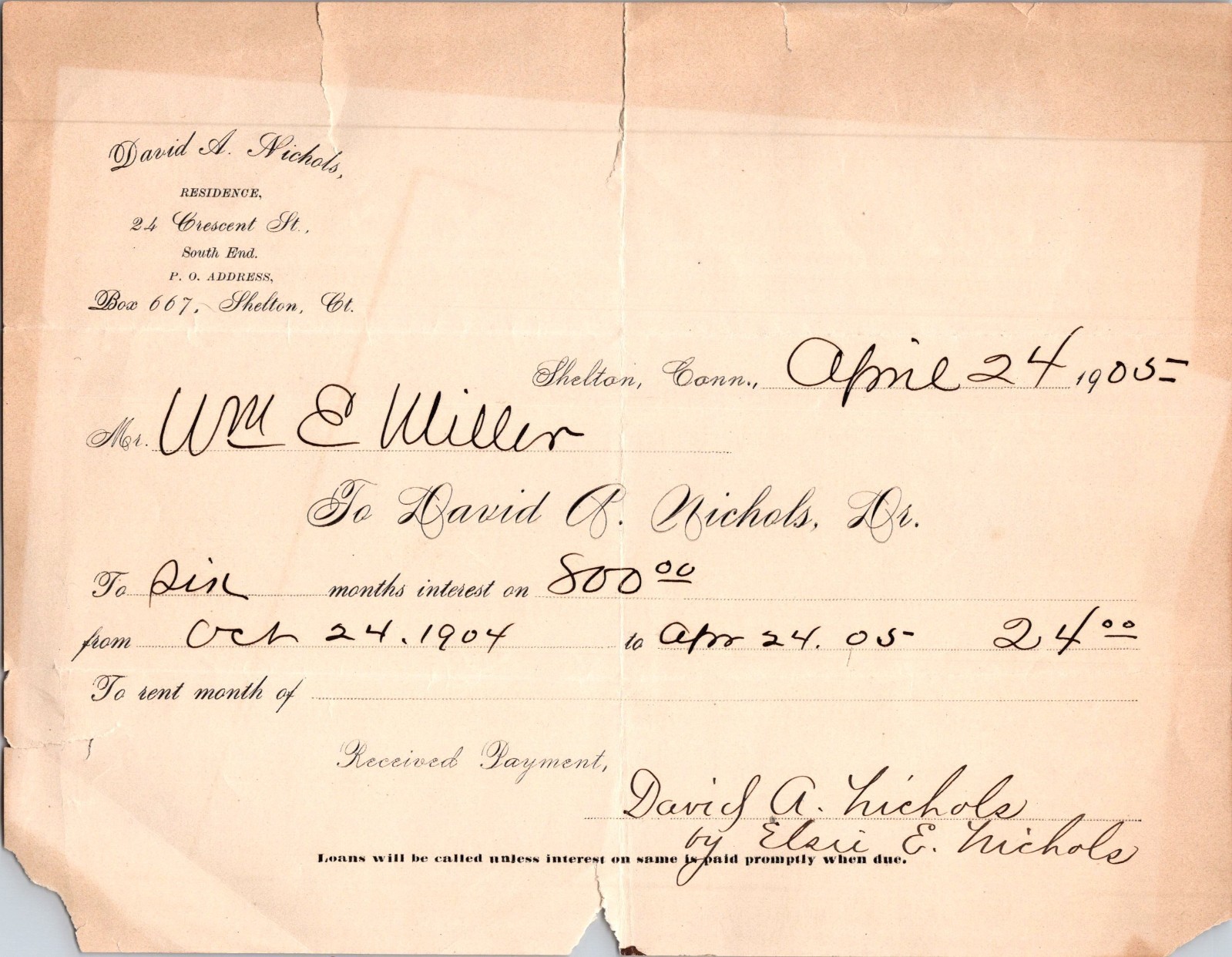 David & Nichols Residence Shelton CT 1905 Antique Letterhead Billhead 5A1