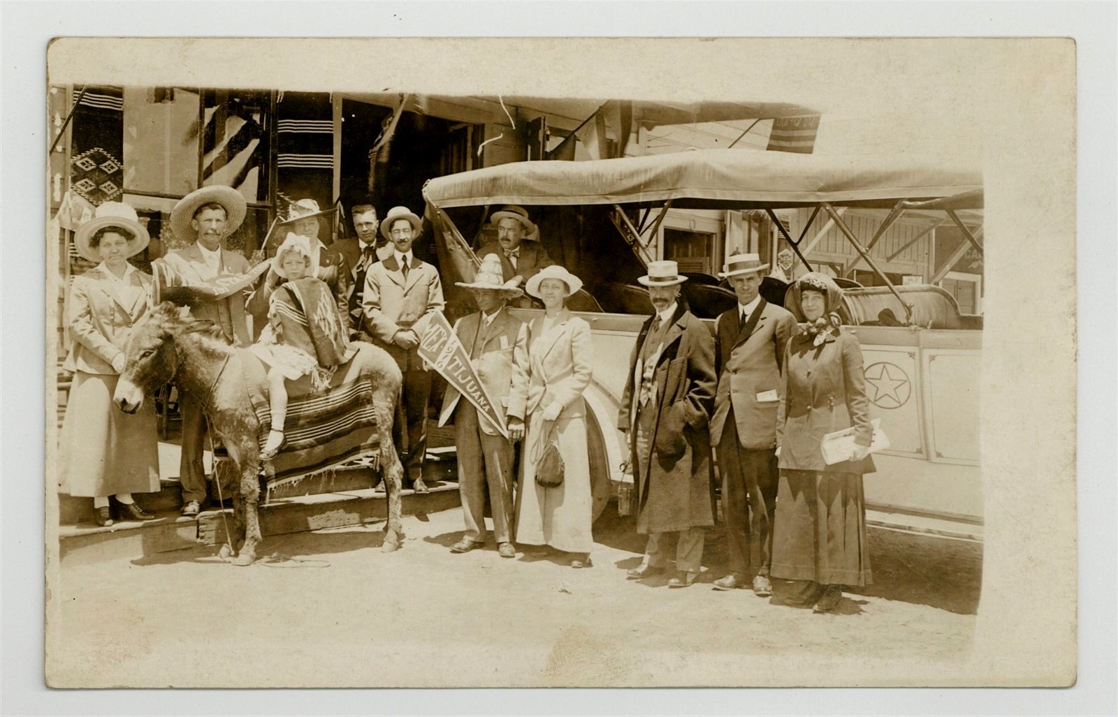 Tourist Group Tijuana Mexico RPPC 1916 Girl On Donkey Tour Bus Postcard Q10077
