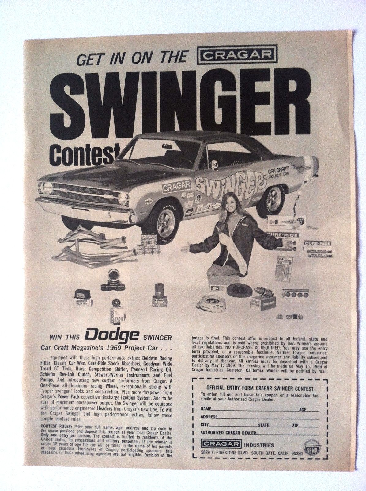 1969 Cragar Mags Wheels Rims Vintage Original Print Ad - Swinger Contest 1969 Cragar Mags Wheels Rims Vintage Original Print Ad - Swinger Contest