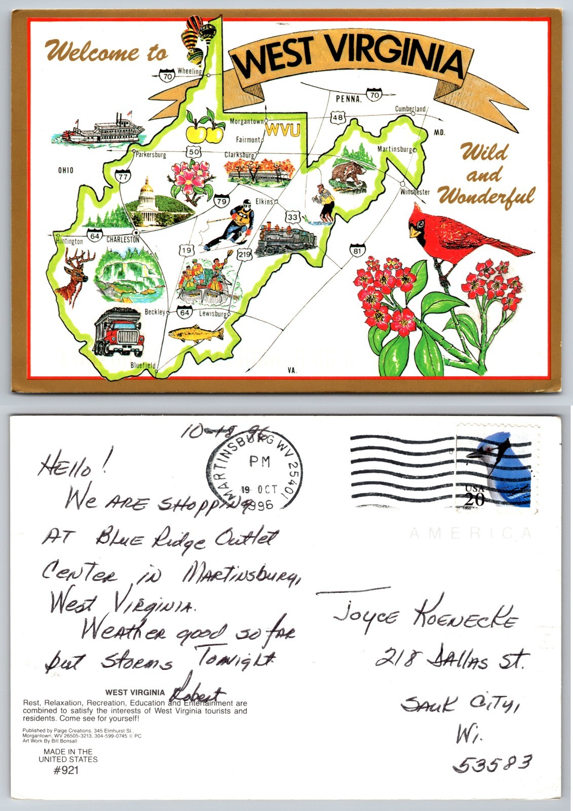 Continental West Virginia Map Art Postcard