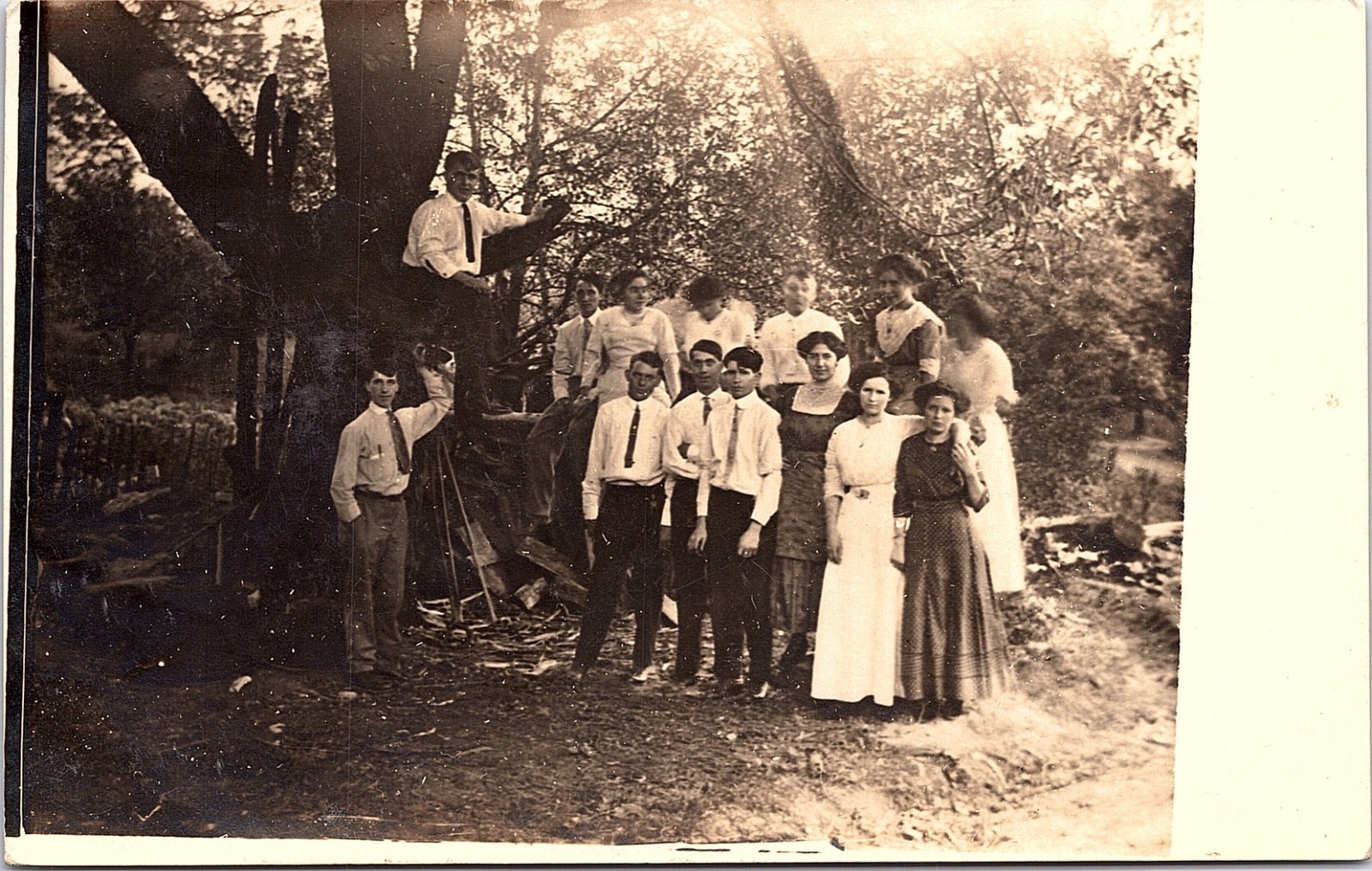 Large Group at Tree, Young Men and Women in Early Dress, RPPC Postcard