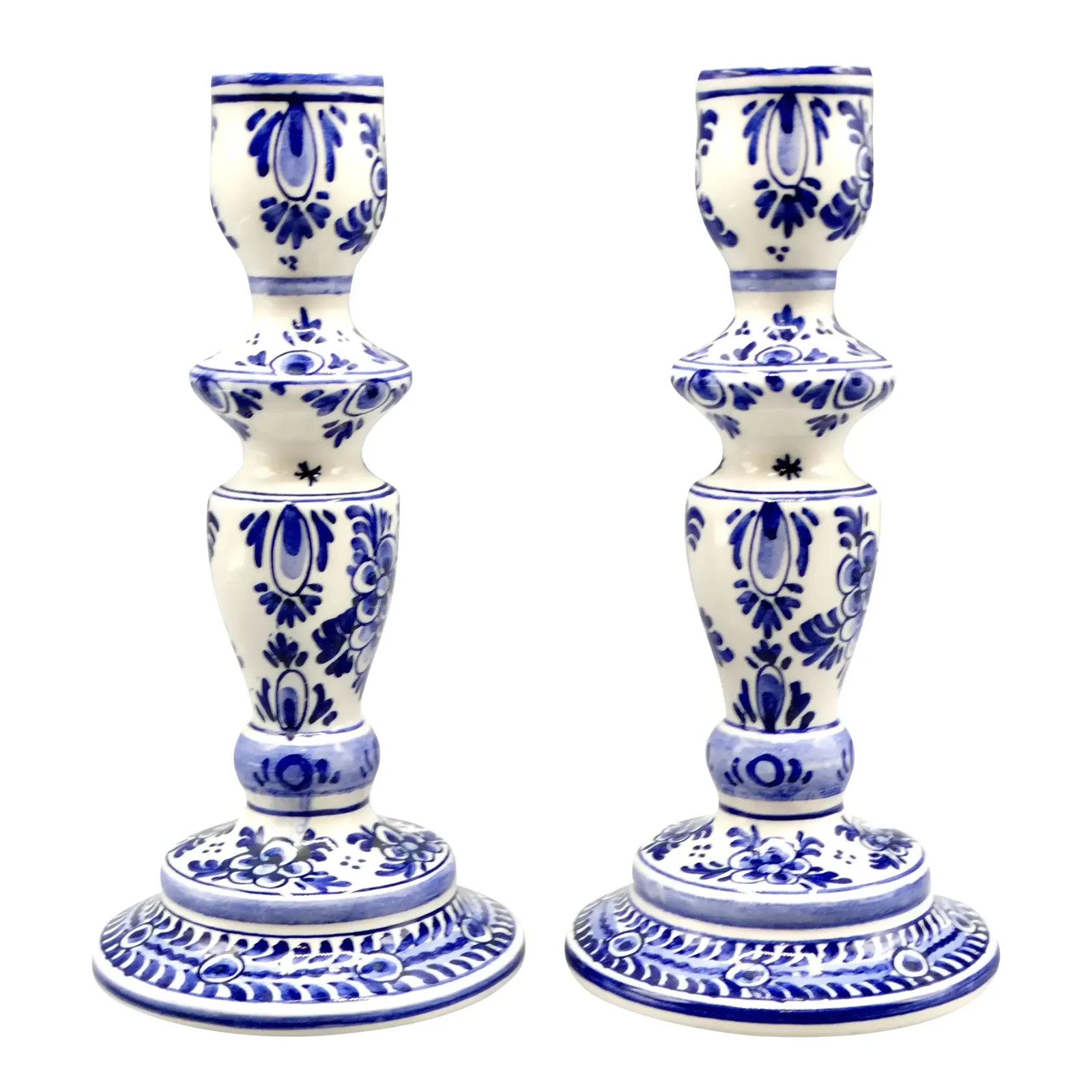 Vintage Blue & White Dutch Delft Faience Candle Holders Maker\'s Mark, Pair