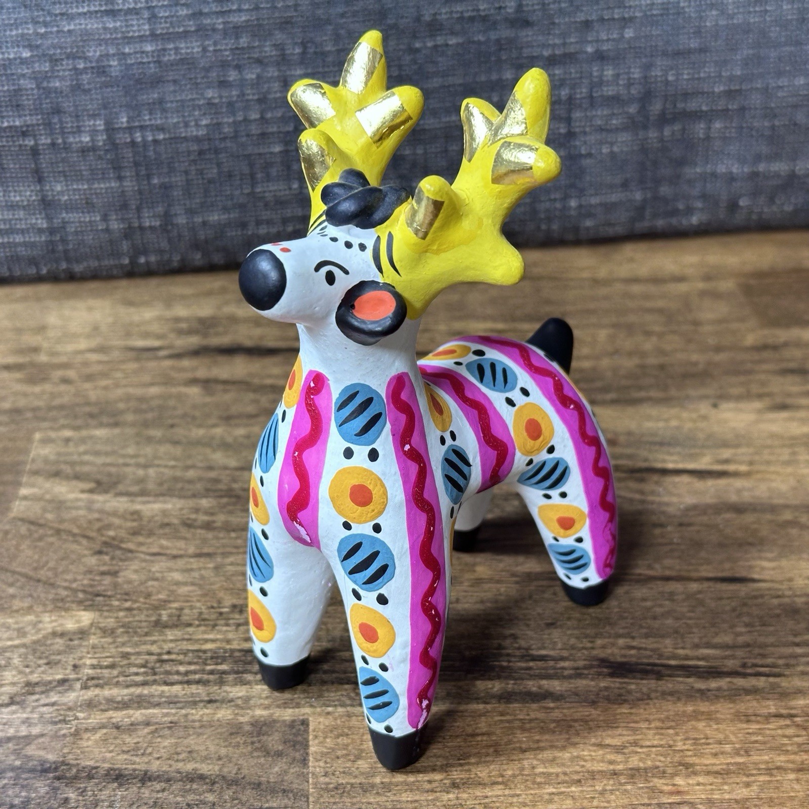 Vintage 6” Dymkovo Russian Clay Folk Art Pottery Reindeer Christmas Rudolph Pink