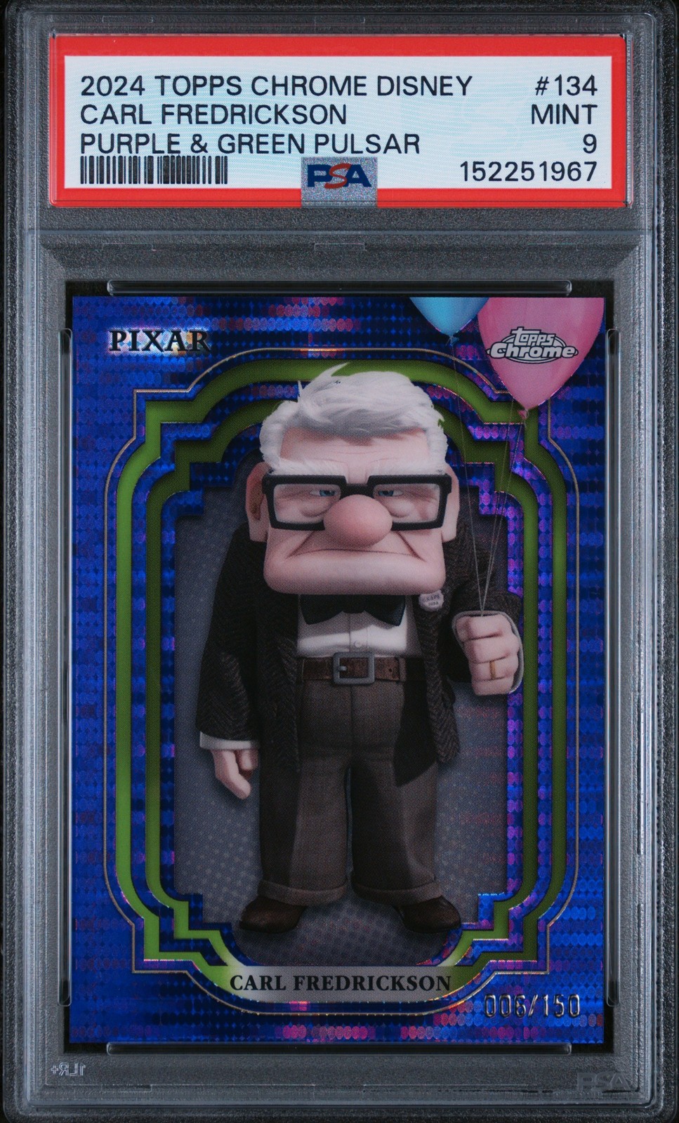 2024 Topps Chrome Disney #134 Carl Fredrickson Purple & Green Pulsar PSA 9