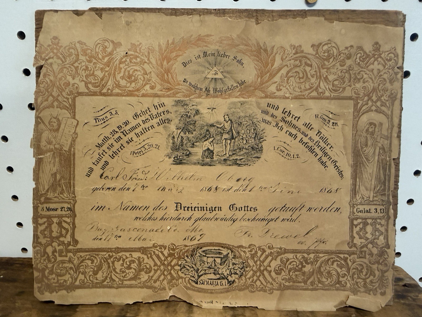 Antique 1868 German Protestant Baptismal Certificate Taufschein Fraktur Wilhelm