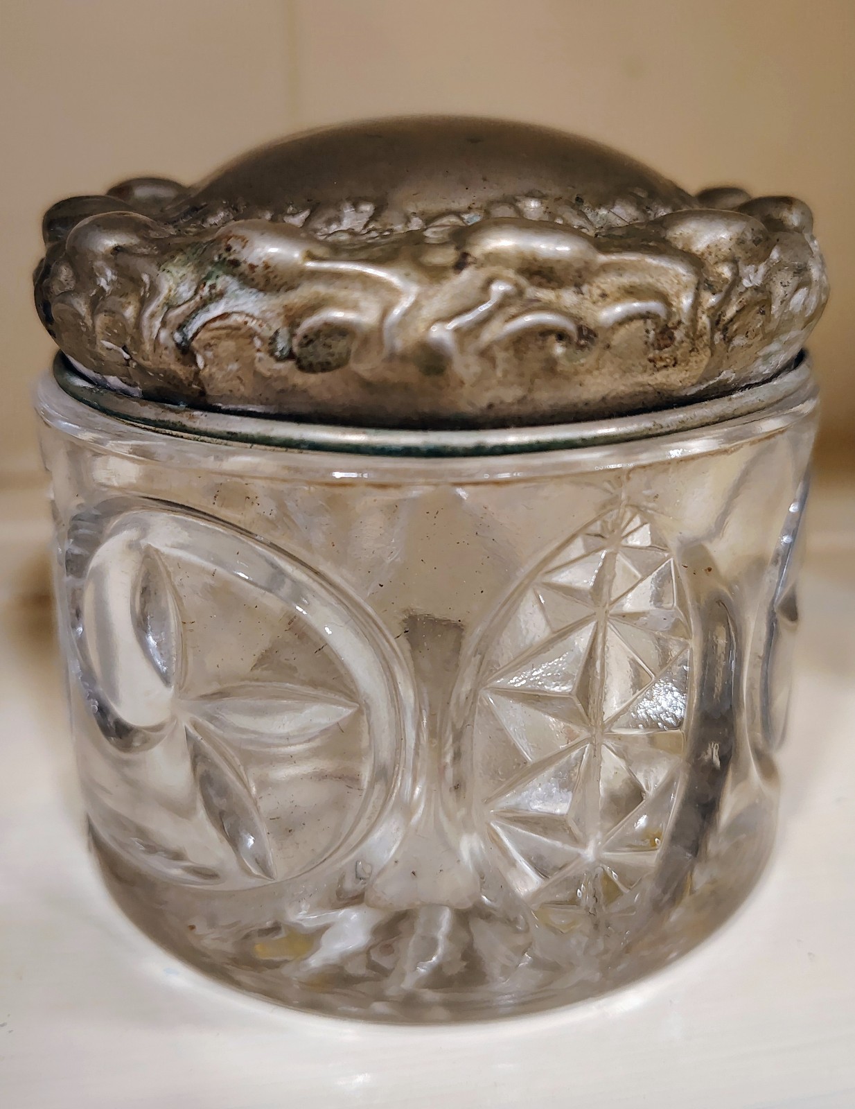 Antique 1880-1890 Ornate Cut Glass Jar With Silver Lid