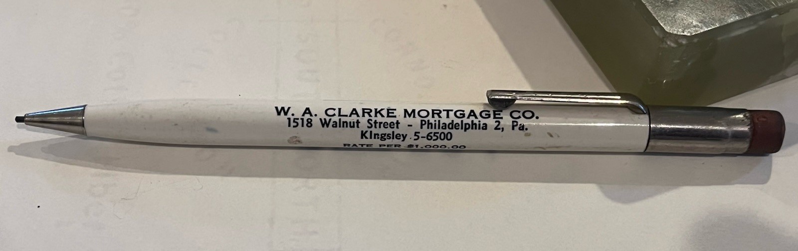 Vintage W.A. Clarke Mortgage Co Mechanical Pencil Philadelphia PA 1950s Advert