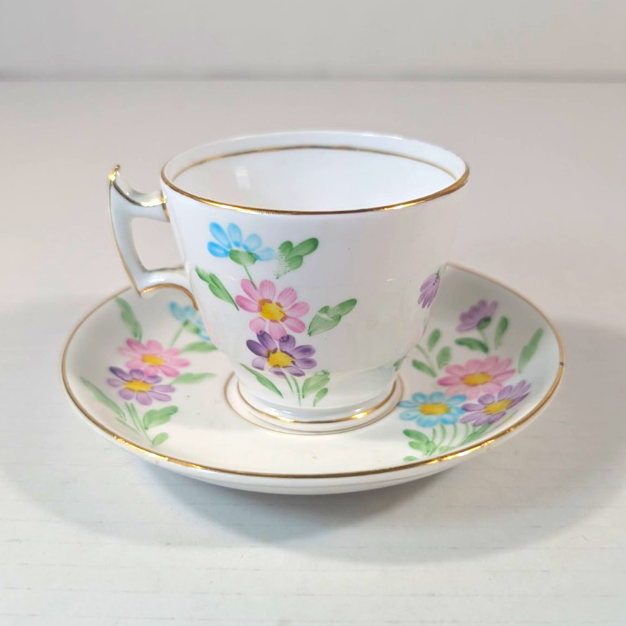 Phoenix Bone China England Floral Coffee Cup & Saucer Set White Gold Trim
