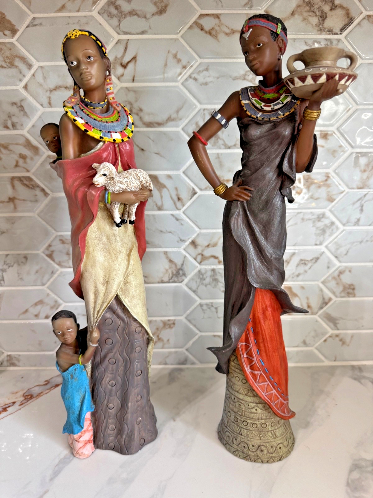 African Woman Figurine Statue Set of 2 Mother Child Lamb Pot Tribal Decor
