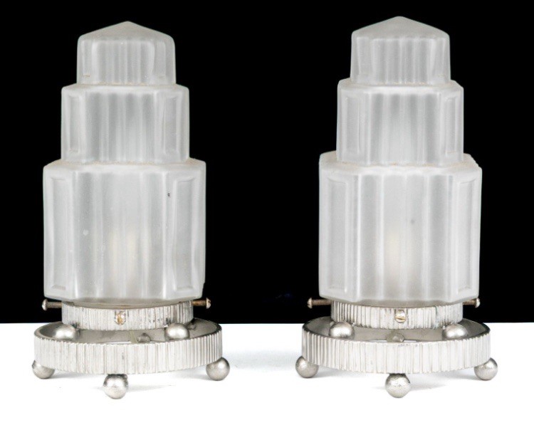 Pair French Art Deco Skyscraper Lamps 1930s Frosted Glass Chrome Boudoir Lights