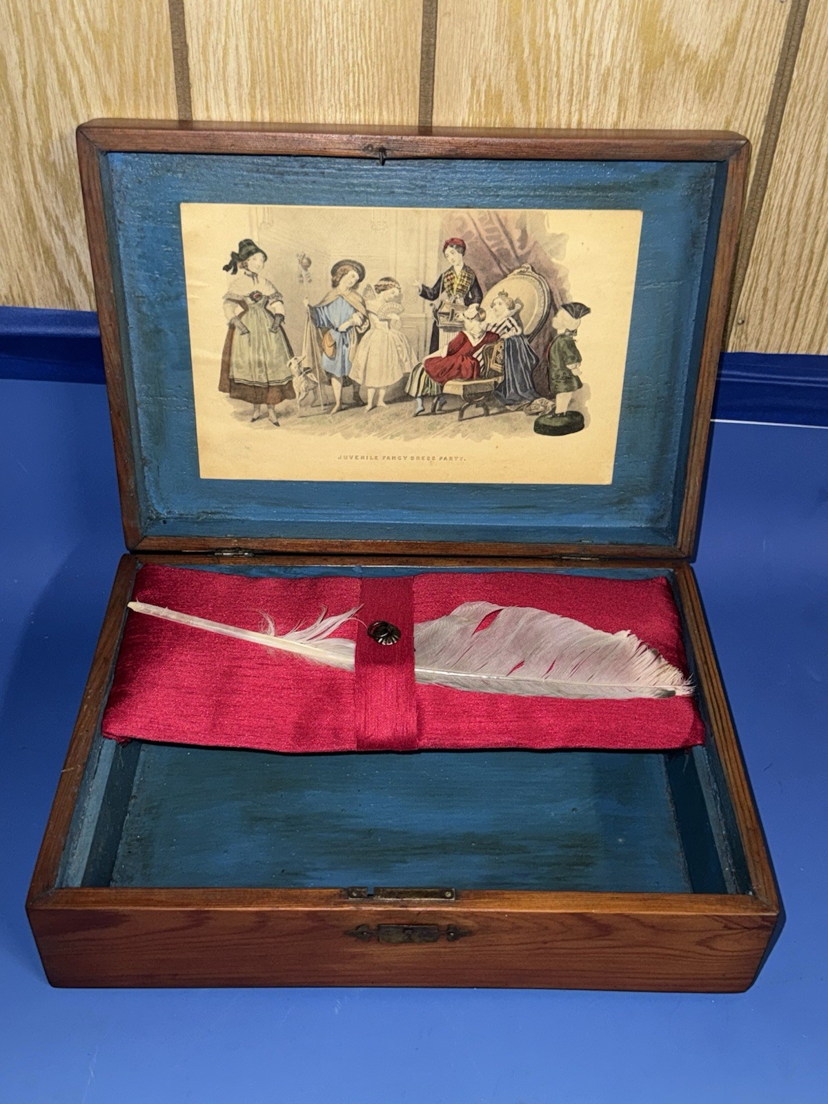 Antique Victorian Writing Slope Desk Box With Quill Dip Pen And Art