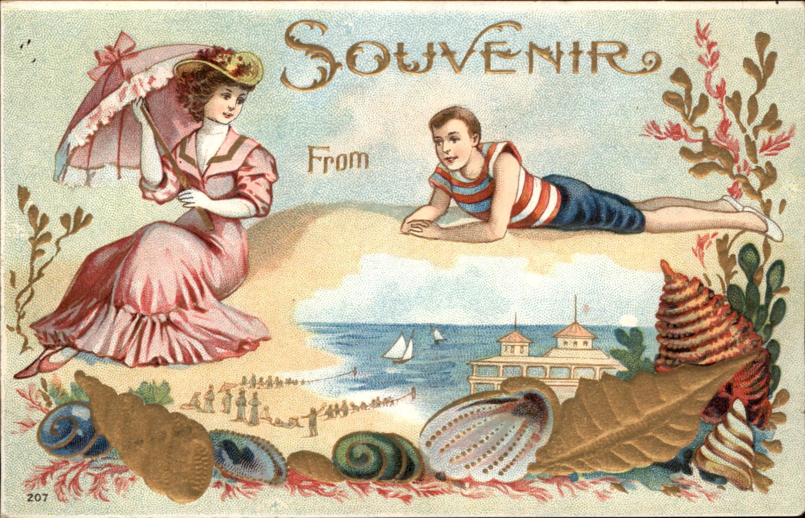 Seaside Romance Pretty Woman Seashells Embossed c1900s-10s Vintage Postcard bhn