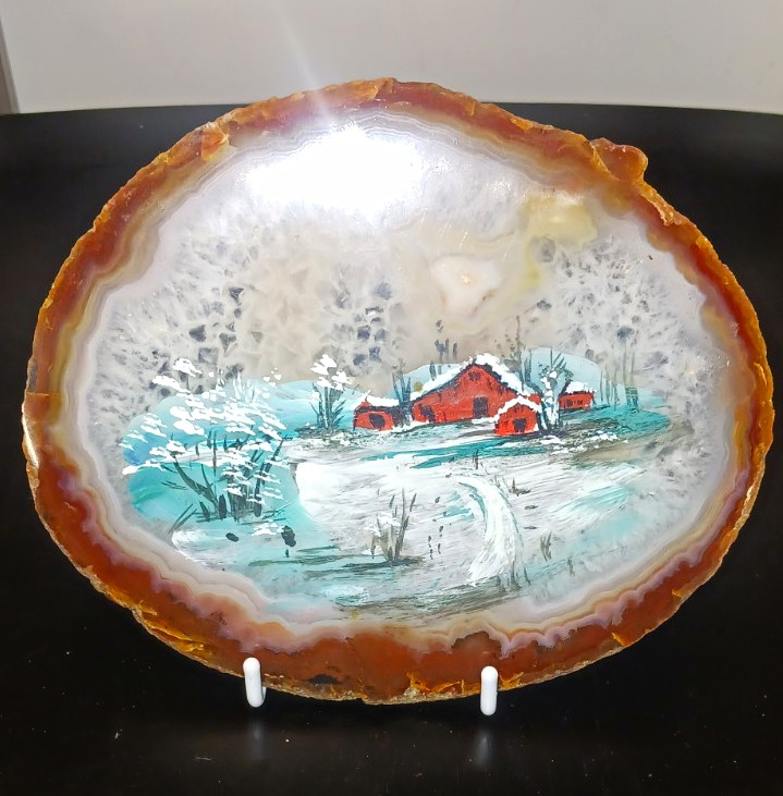 VTG. Hand Painted, Polished Geode Slice. Winter Barn Scene
