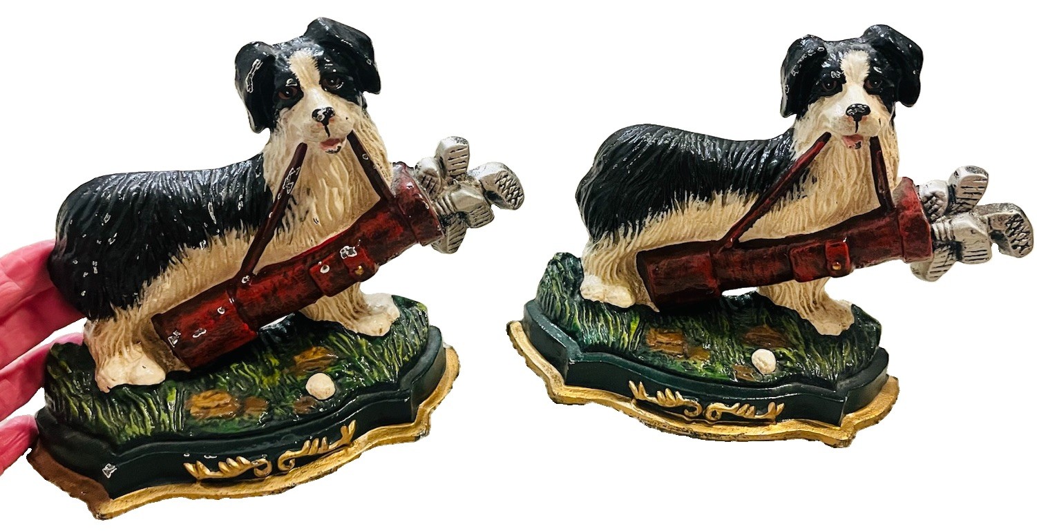 Set Of 2 Cast Door Stop/Book Ends Black And White Dog with Golf Clubs Caddie Set Of 2 Cast Door Stop/Book Ends Black And White Dog with Golf Clubs Caddie