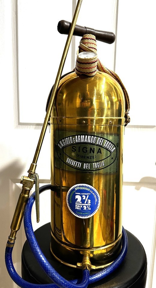 Antique Signa Italian Brass Fire Extinguisher Original Box, Strap, Labels  Italy