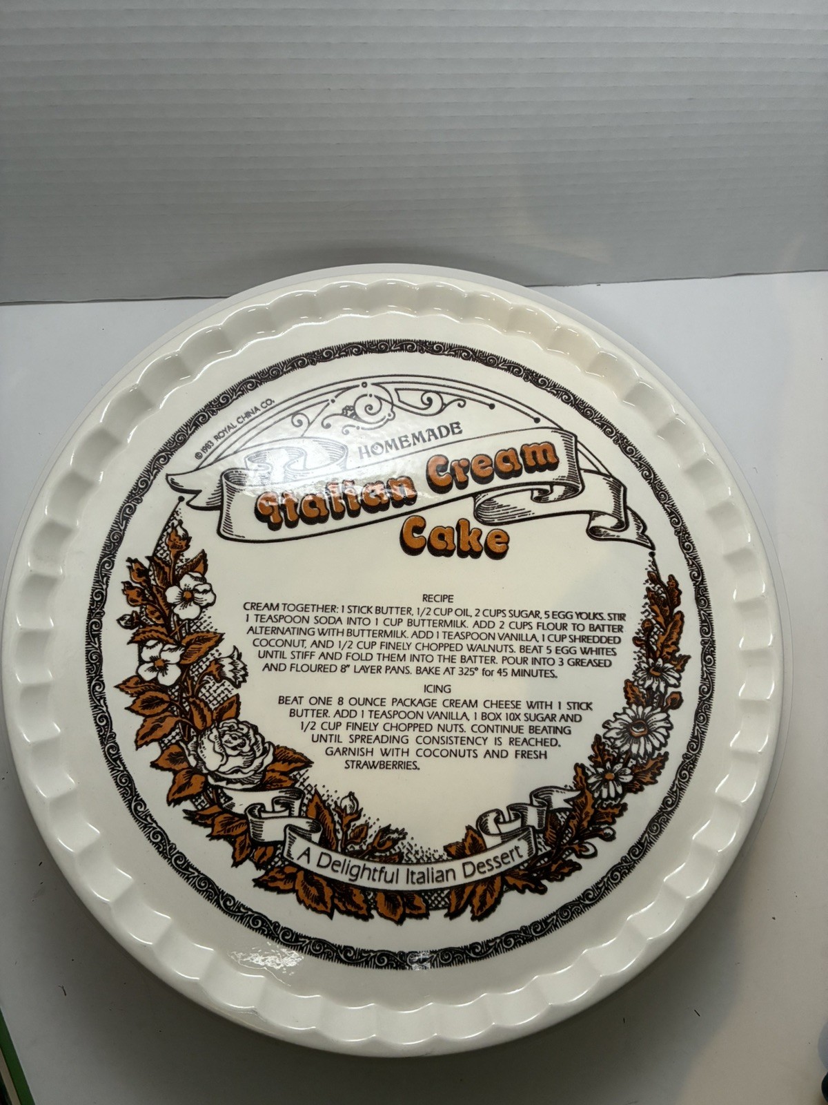 Italian Cream Cake Recipe Plate Platter Royal China Co. 1983 Vintage Scalloped