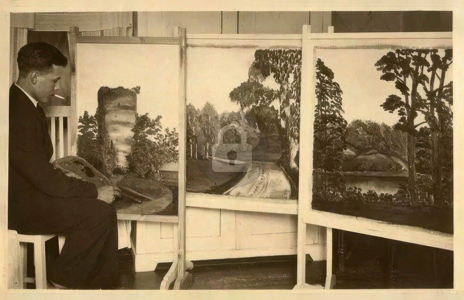 Artist smoking cigarette painting a landscape RPPC Photo Postcard COPY