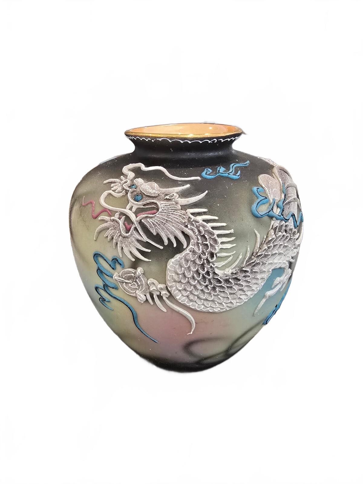 Vintage Japanese Dragonware Moriage Vase Raised White Dragon Hand Painted