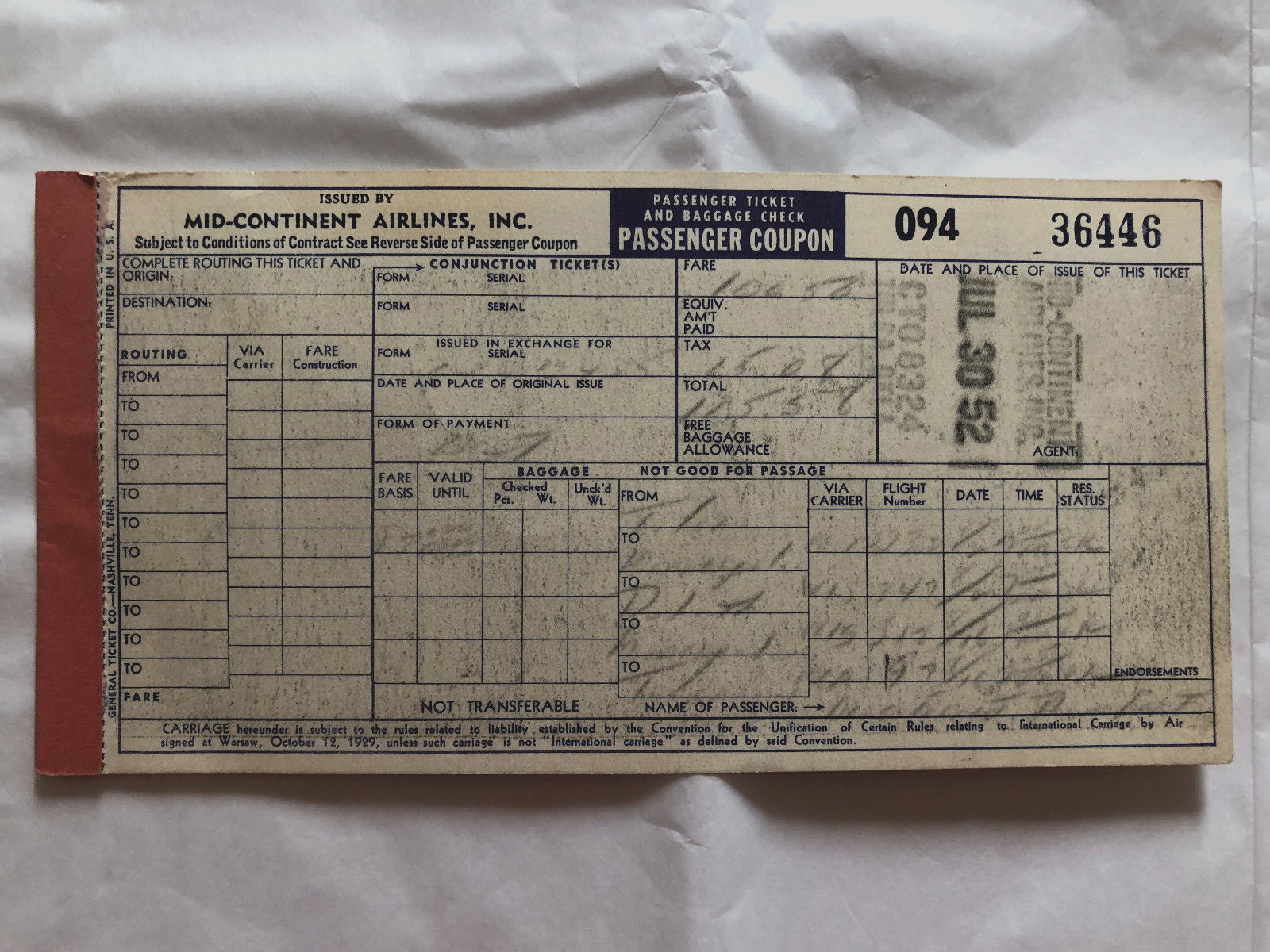 Mid-Continent Airlines Airplane Ticket Passenger Bag Check 1952 Vintage # 36446