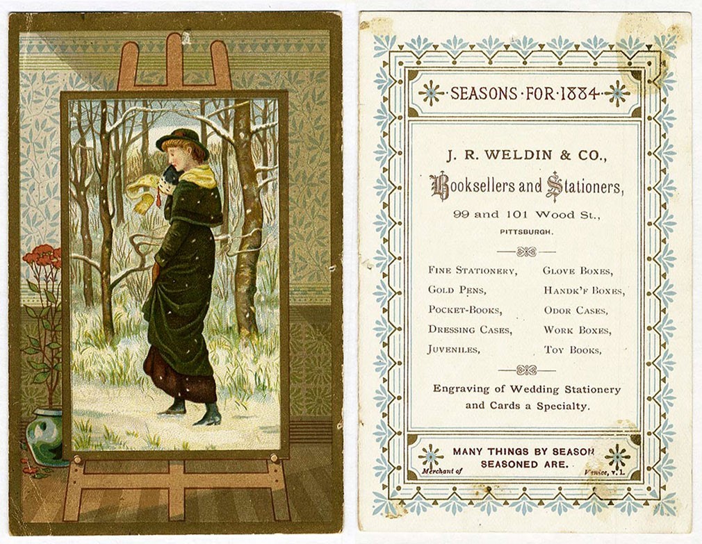 Pittsburgh WELDIN BOOKSELLERS 1884 Victorian Trade Card PRETTY WOMAN in Snow