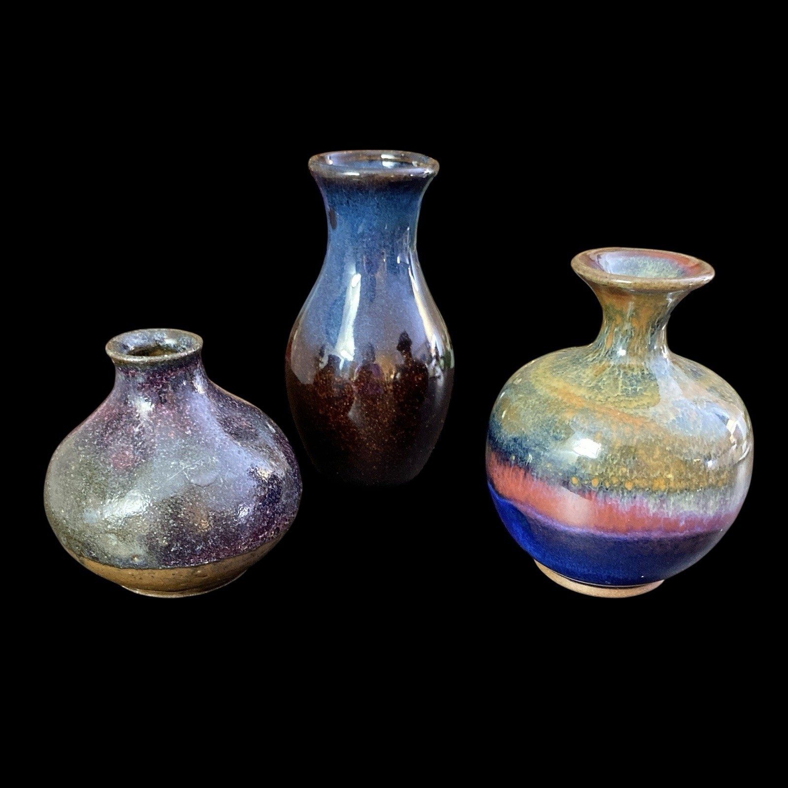 3 Studio Japanese Mini Vases Pottery Hand Thrown Drip Glaze Stoneware MCM