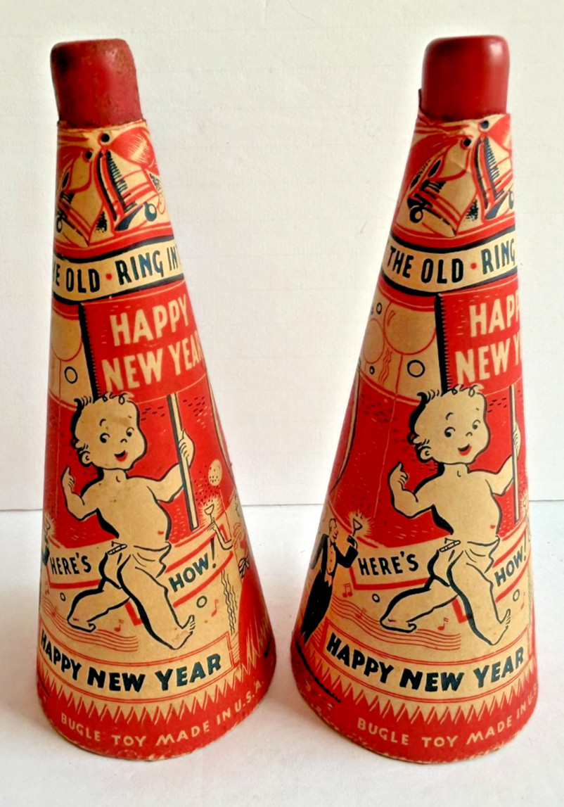 Set of 2 Bugle Toy Co Happy New Year Noisemaker Heavy Cardboard Horn 1930/40's Set of 2 Bugle Toy Co Happy New Year Noisemaker Heavy Cardboard Horn 1930/40's