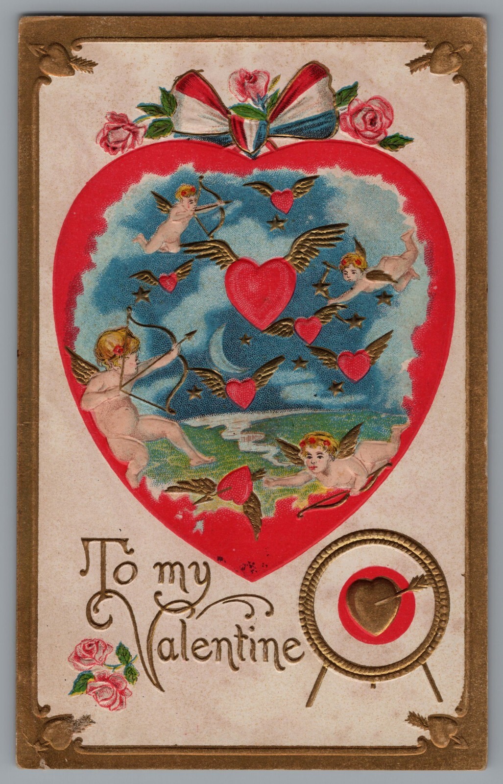 To My Valentine Heart containing embossed Cupids Winged Hearts Gold Edging A46