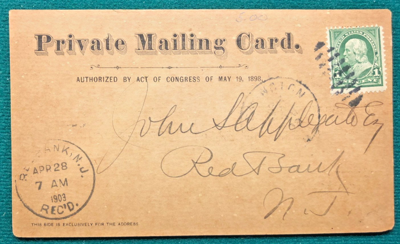 1903 Private Mailing Card 1¢ Franklin + NJ Newspaper Receipt – Red Bank 1903 Private Mailing Card 1¢ Franklin + NJ Newspaper Receipt – Red Bank