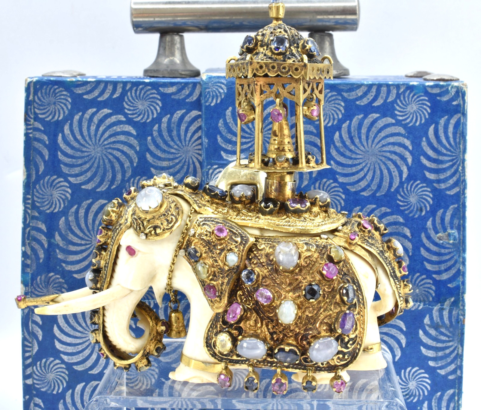 Gilt Silver Sri Lanka Vintage Kandy Jeweled Alabaster Marble Sapphire Elephant