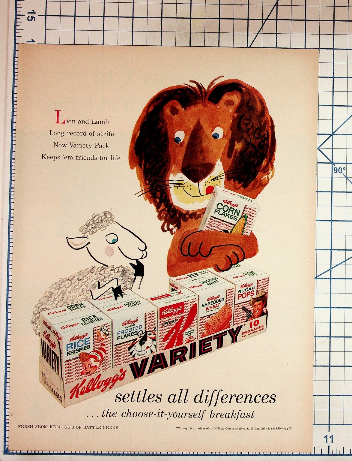 1958 Kellogg\'s Variety Pack Cereal Vintage Ad Lion Lamb Americana Ephemera 1958 Kellogg\'s Variety Pack Cereal Vintage Ad Lion Lamb Americana Ephemera