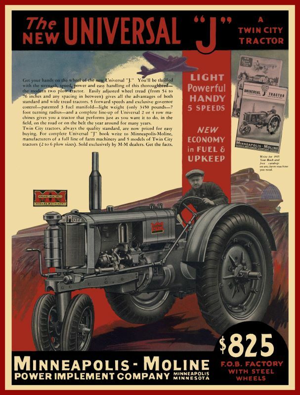 1935 Minneapolis Moline Tractor New Metal Sign: Model J Universal - Twin City